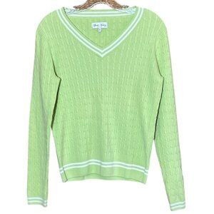 Vtg Women's Lg Sleeve Varsity V-Neck Cotton Cable Sweater Size M Preppy Cricket